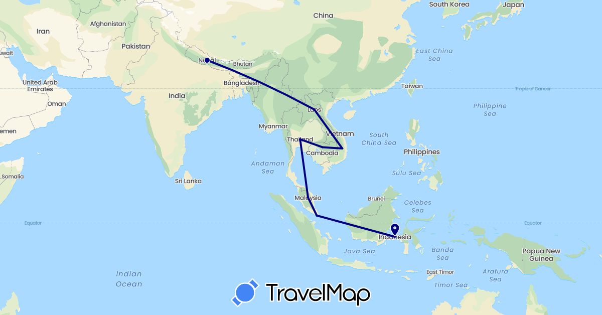 TravelMap itinerary: driving in Indonesia, Cambodia, Laos, Malaysia, Nepal, Singapore, Thailand, Vietnam (Asia)